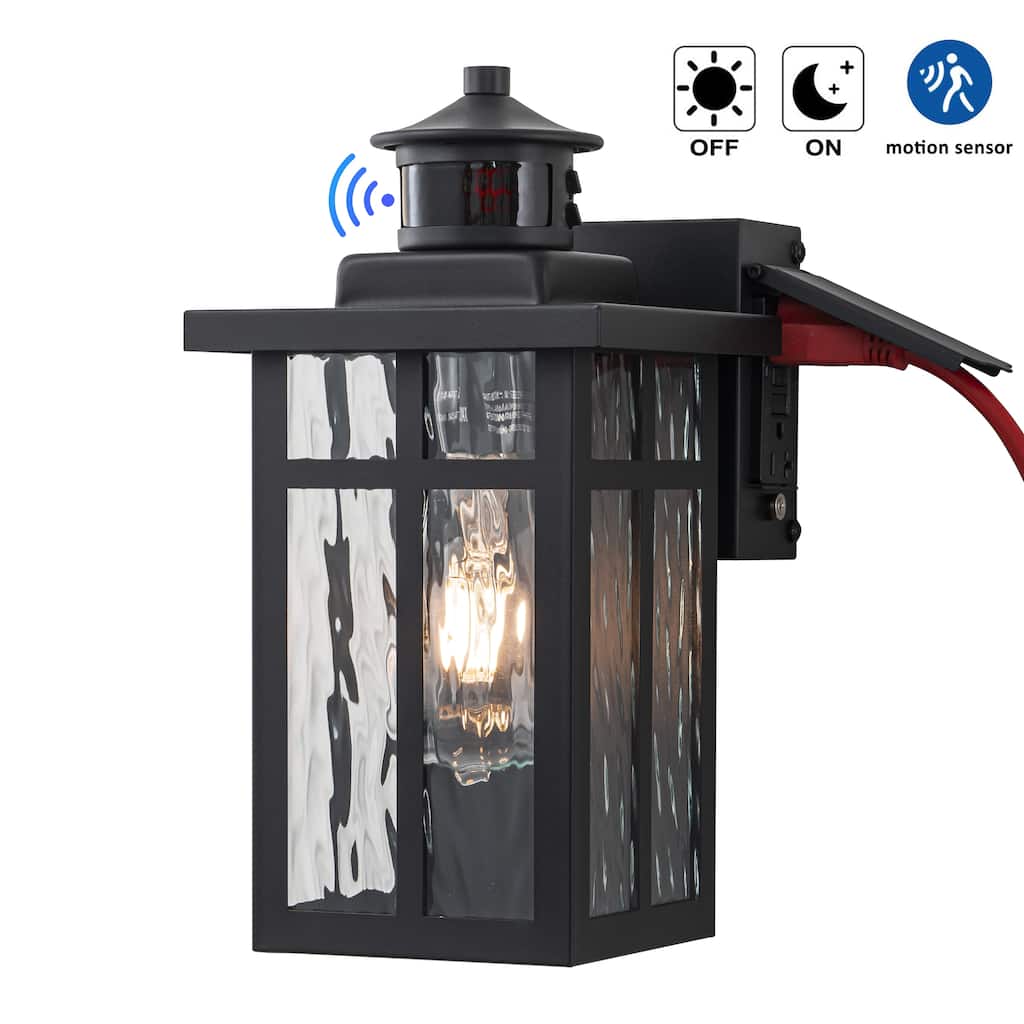 C Cattleya Matte Black Motion Sensor Dusk to Dawn Outdoor Wall Light with Water Glass and GFCI Outlet