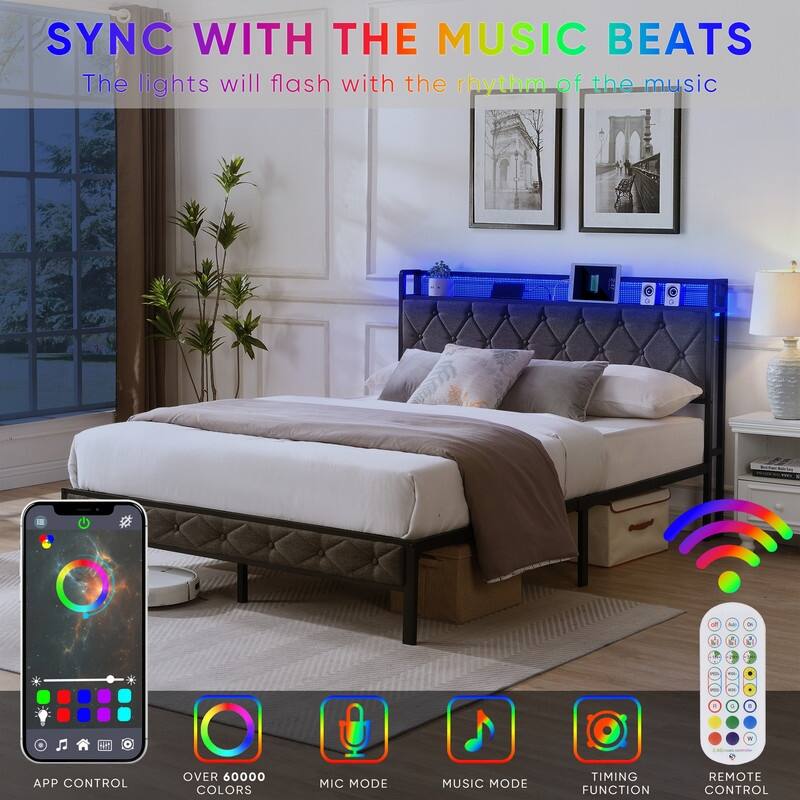 Upholstered Platform Bed with Storage Headboard, Metal Bed Frame with Charging Station and LED Lights,3 Sizes