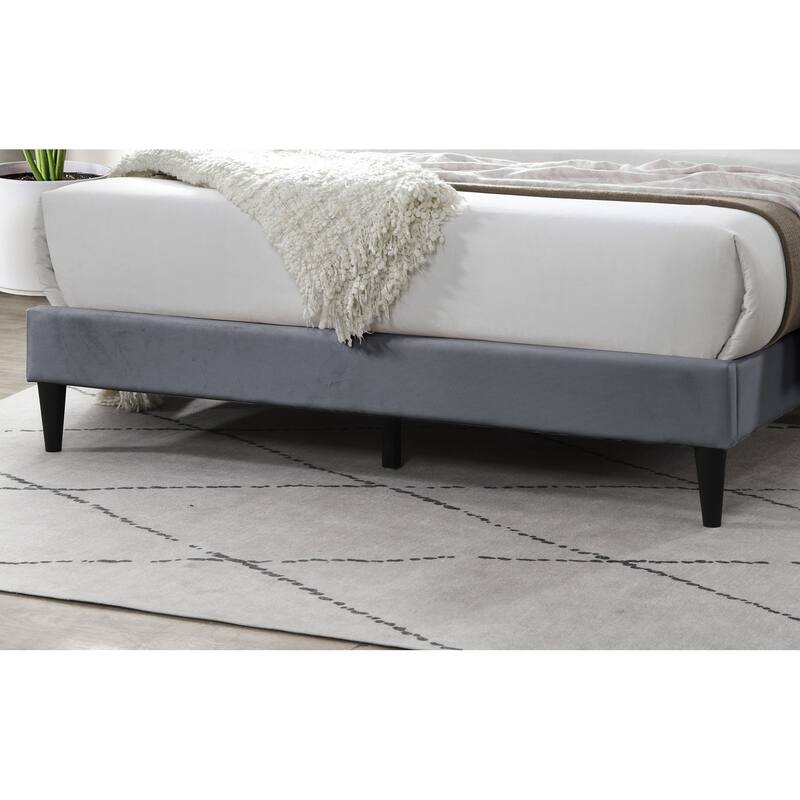 Modern Gray Velvet Upholstered Queen Size Bed with Geometric Headboard