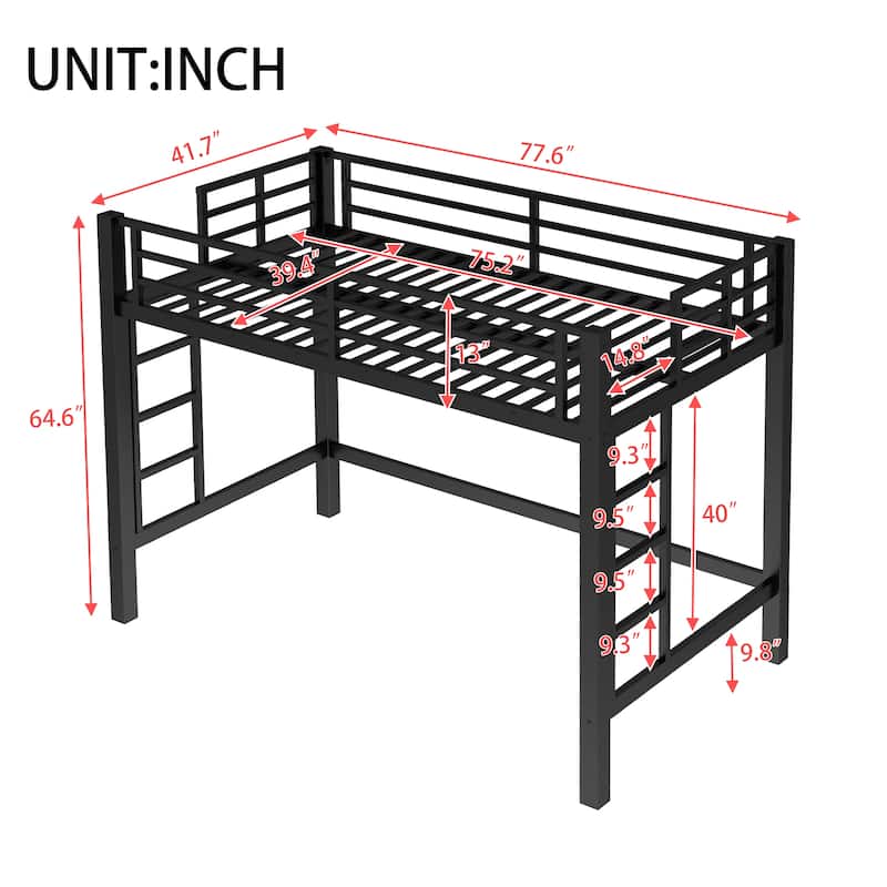 Roomfitters Metal Loft Bed with Dual Ladders, High Sleeper Frame with Under Bed Storage Space, Black