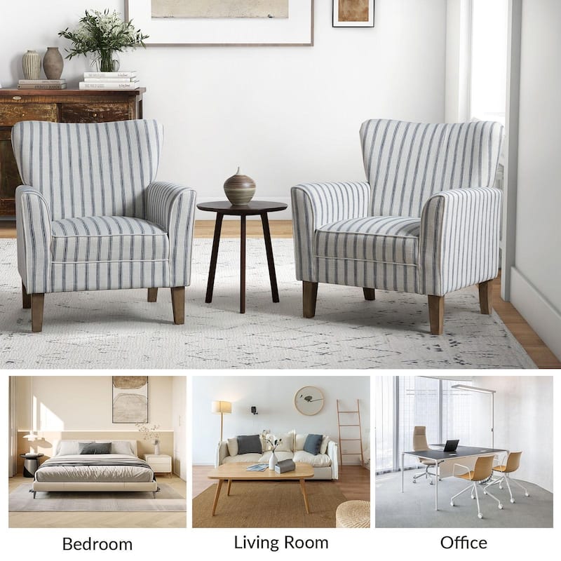 Warren Farmhouse Striped Wingback Chair with Solid Wood Legs by HULALA HOME