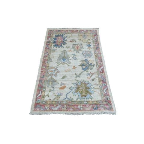 Shahbanu Rugs Ivory Hand Knotted Oushak with Colorful Leaf Design and Extra Soft Afghani Wool Oriental Rug (2'11" x 4'10")
