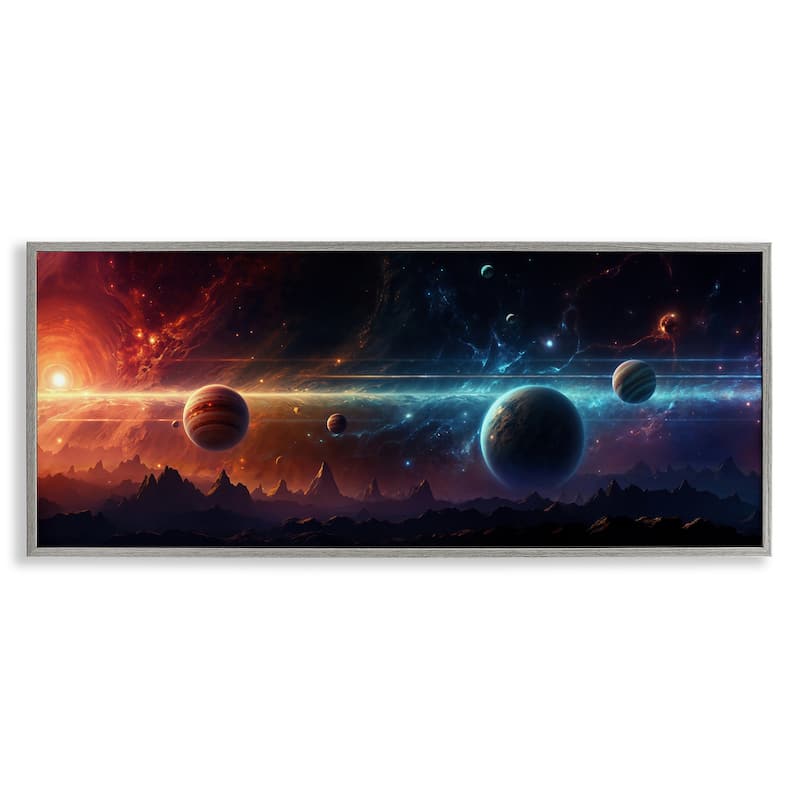 Stupell Surreal Planets over Crags Framed Giclee Art Design By Wumples - 30 x 13 - Grey