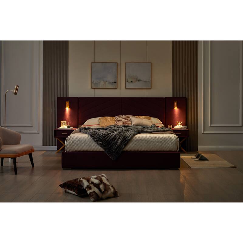 Velvet Upholstered Bed Frame, Wingback Headboard Platform Bed with LED Side Lights & Nightstands, No Box Spring Needed