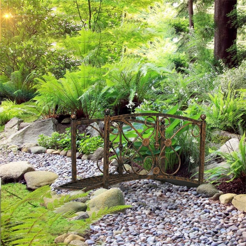 Vintage Style Curved Steel Garden Bridge with Decorative Side Rails for Ponds Walkways and Gardens Rust Brown