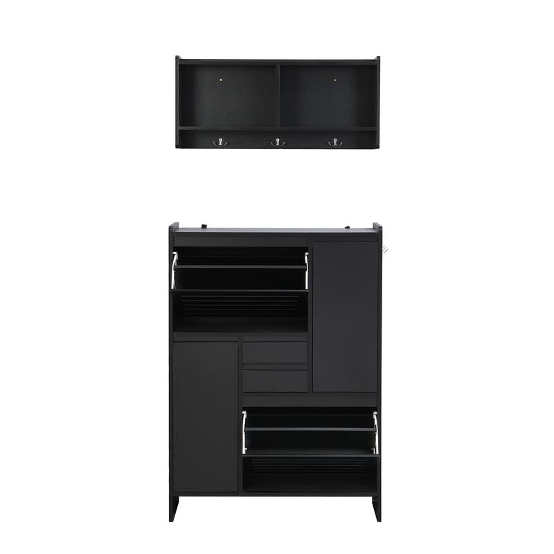 Multi-Functional Shoe Cabinet with Wall Cabinet, Space-saving Design Side Cabinet with 2 Flip Drawers and Hanging Hooks