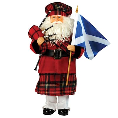 15.25" Scottish Plaid Santa Christmas Figurine with Bagpipes and Flag