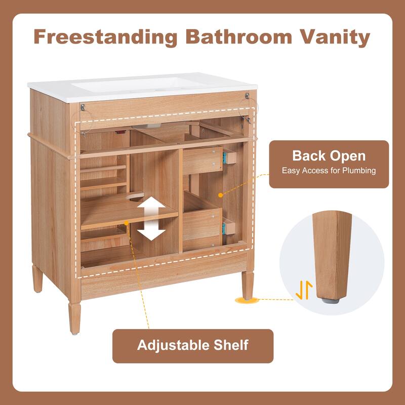 30 Inch Bathroom Vanity with Sink, Solid Wood Cabinet with Flip-Out Drawer and Soft-Close Doors