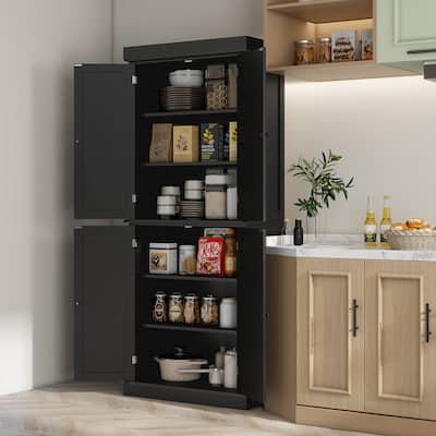 Modern Kitchen Storage Cabinet with Adjustable Shelving, Tall Buffet Pantry Cabinet with Anti-Tip Wall Strap
