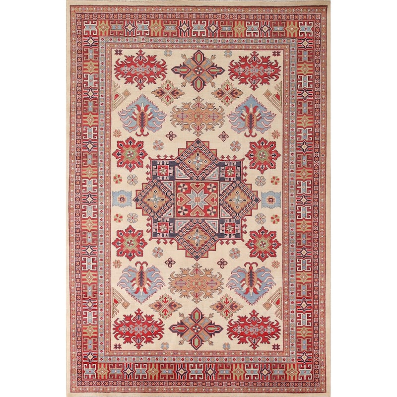 Ivory Geometric Kazak Area Rug Hand-Knotted Wool Carpet - 6'9" x 9'10"