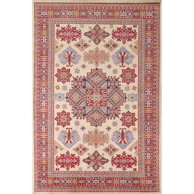 Ivory Geometric Kazak Area Rug Hand-Knotted Wool Carpet - 6'9" x 9'10"