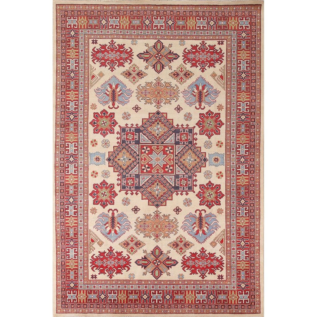 Ivory Geometric Kazak Area Rug Hand-Knotted Wool Carpet - 6'9" x 9'10"