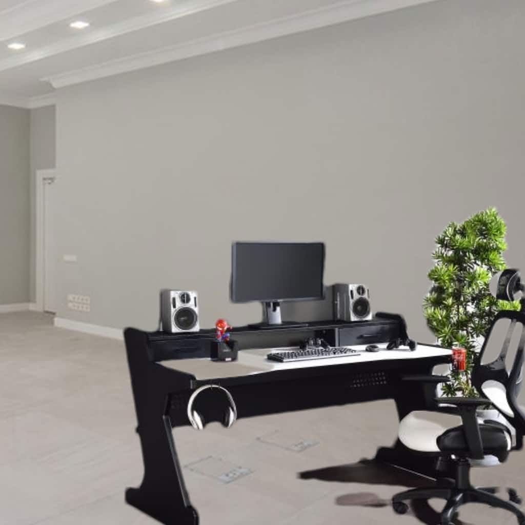 Modern 2-Drawer Gaming Desk with Spacious Design and Open Storage Compartment, Metal Frame and Wood Surface