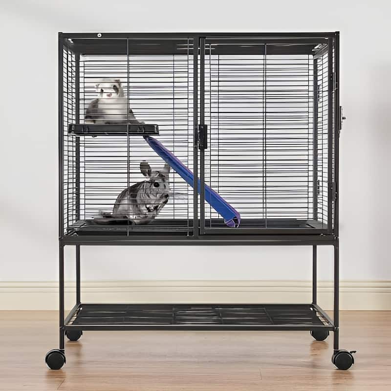 Black Iron & Plastic Pet Cage with Ramp, Wheels & Storage Shelf - 30.3"x20.5"x36.2"