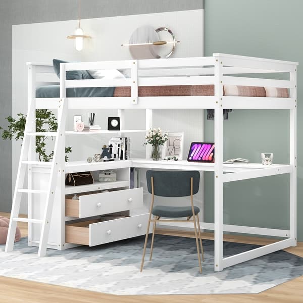 slide 2 of 18, Full Size Loft Bed with Desk, Shelves, and Drawers - Solid Pine Wood Construction, Sturdy Frame White