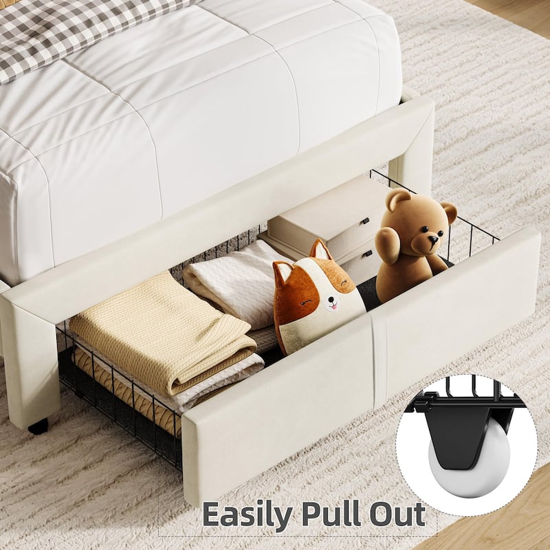 Twin Bed Frames for Kids, Velvet Upholstered Platform Bed Frames with Drawer and Bookcase Headboard, Girls Boys Bed