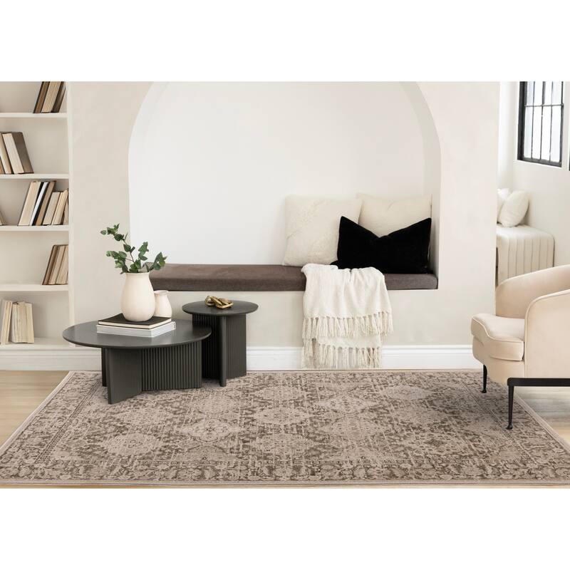 Taupe White Green Elegant Classic Textured Rug