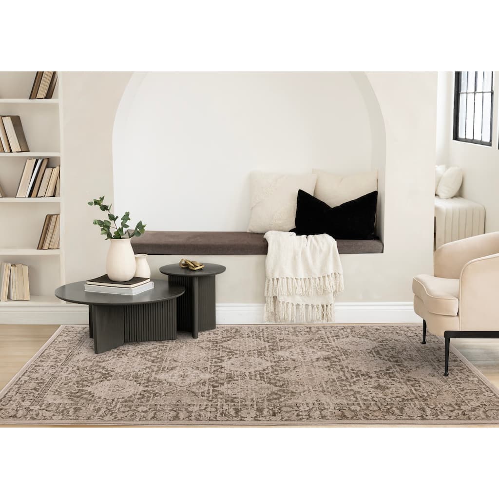 Taupe White Green Elegant Classic Textured Rug