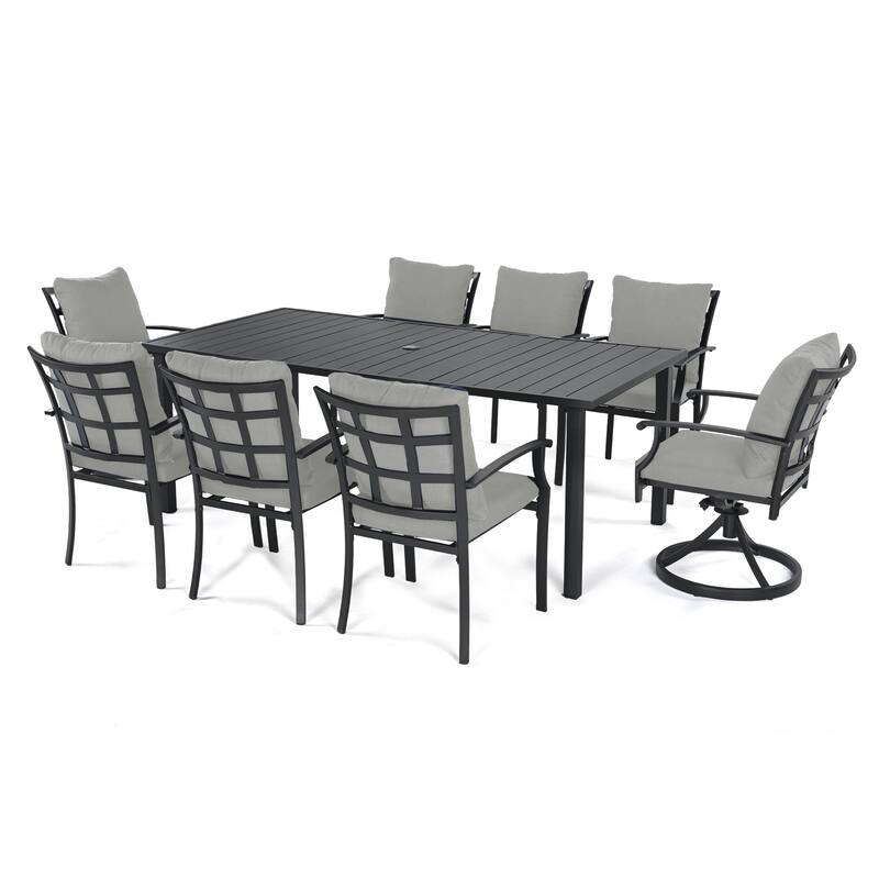 IvyGlow 9-Piece Black Metal Patio Dining Set with Rectangular Table, 2 Swivel Dining Chairs and Gray Cushions