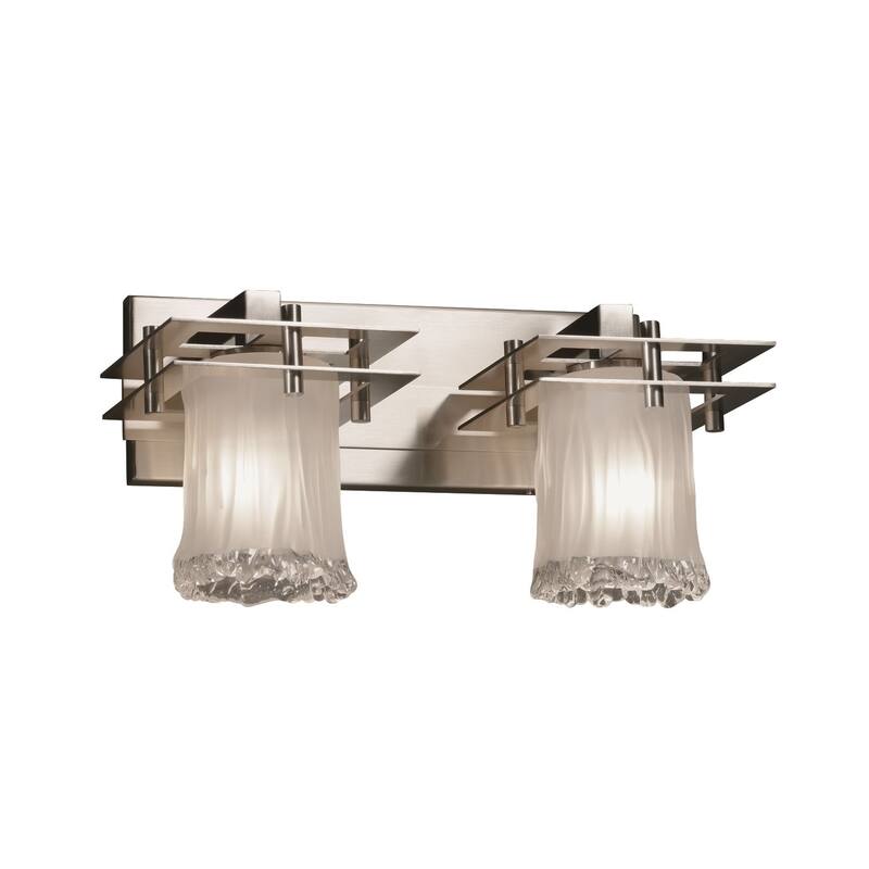 Justice Design Veneto Luce Metropolis 2-light Brushed Nickel Bath Bar, White Frosted Cylinder - Rippled Rim Shade