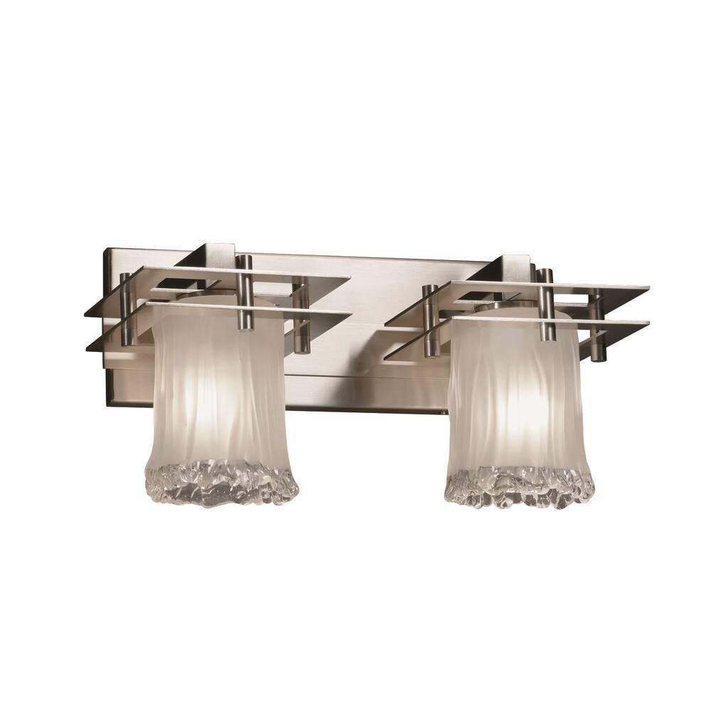 Justice Design Veneto Luce Metropolis 2-light Brushed Nickel Bath Bar, White Frosted Cylinder - Rippled Rim Shade