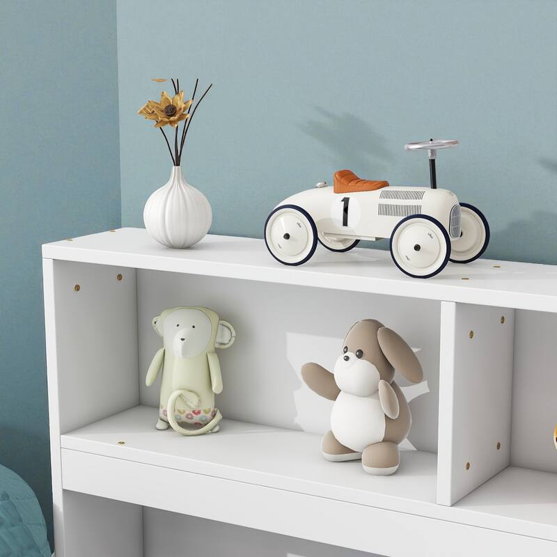 Twin/Full Size Wooden Floor Bed with Bedside Bookcase and Shelves, Low Platform Bed with Guardrails