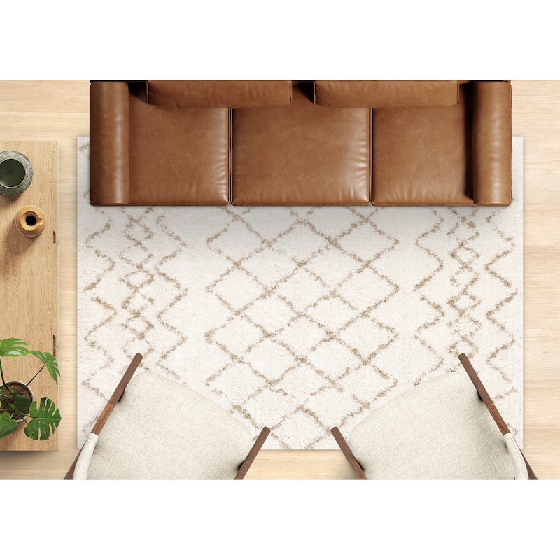 Modern Geometric Soft Shag Rug in Cream Beige