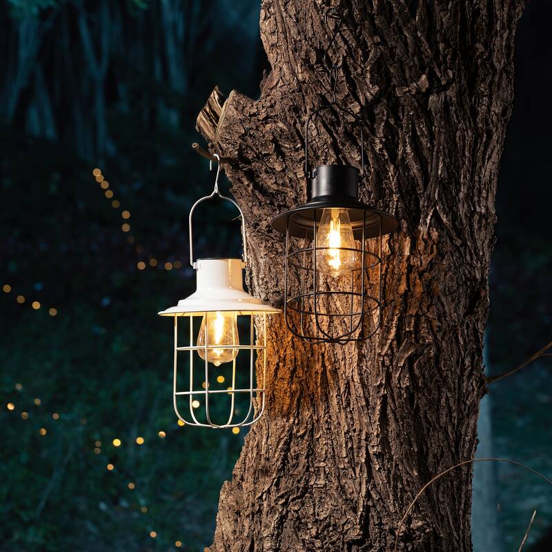 Glitzhome Set of 2 Metal Wire Solar Powered Outdoor Hanging Lantern