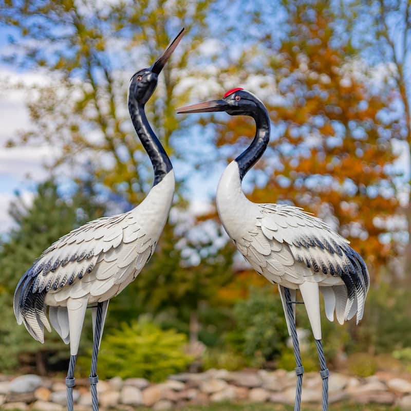 Set of 2 54" Tall Iron Black-Necked White Crane Garden Figurines