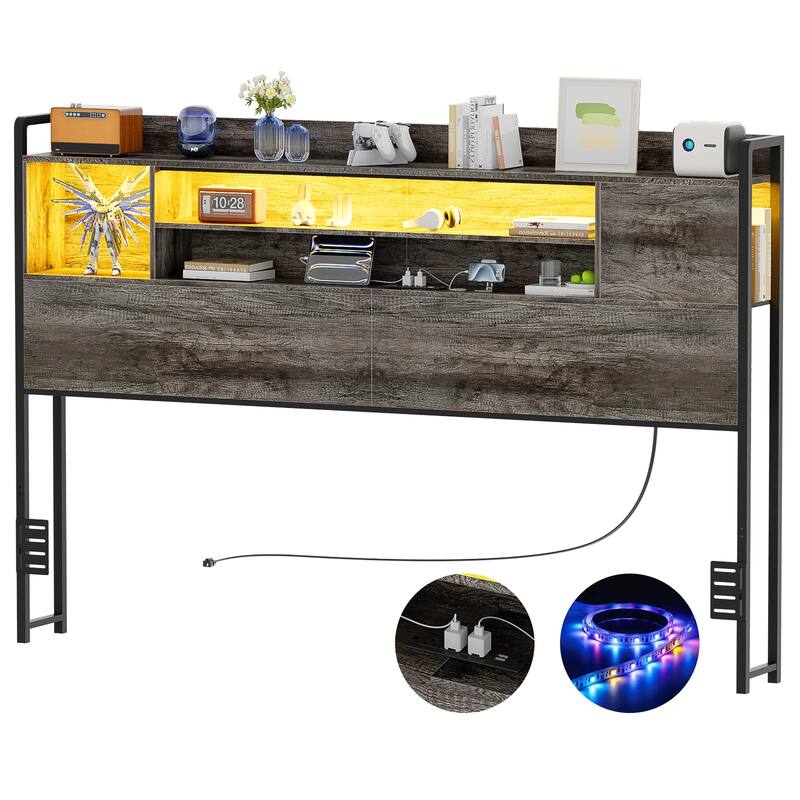 Storage Headboards with Power Outlet and LED Light, Head board with Storage Shelves for Bed Frame