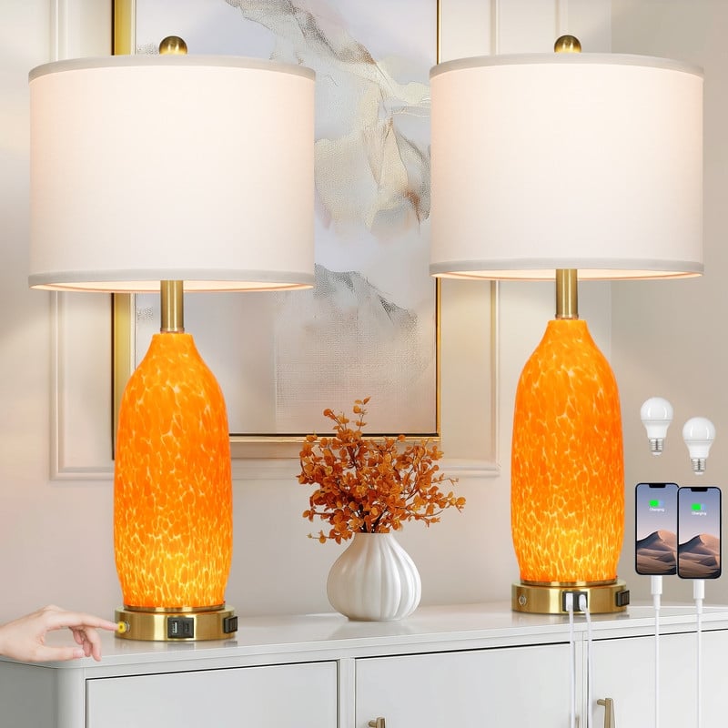 26" Orange Spot Glass Table Lamp with USB-C Charging, Dual Lighting & Metal Touch Switch(Set of 2) - 12'' x 12'' x 26''