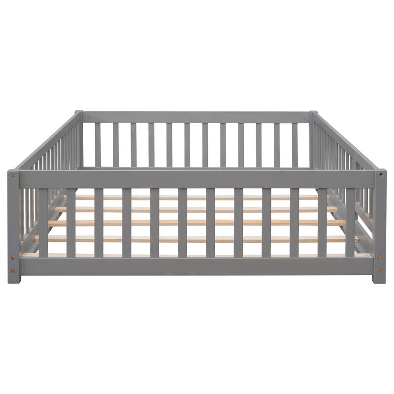 Floor Platform Bed with Fence Guardrails and Door
