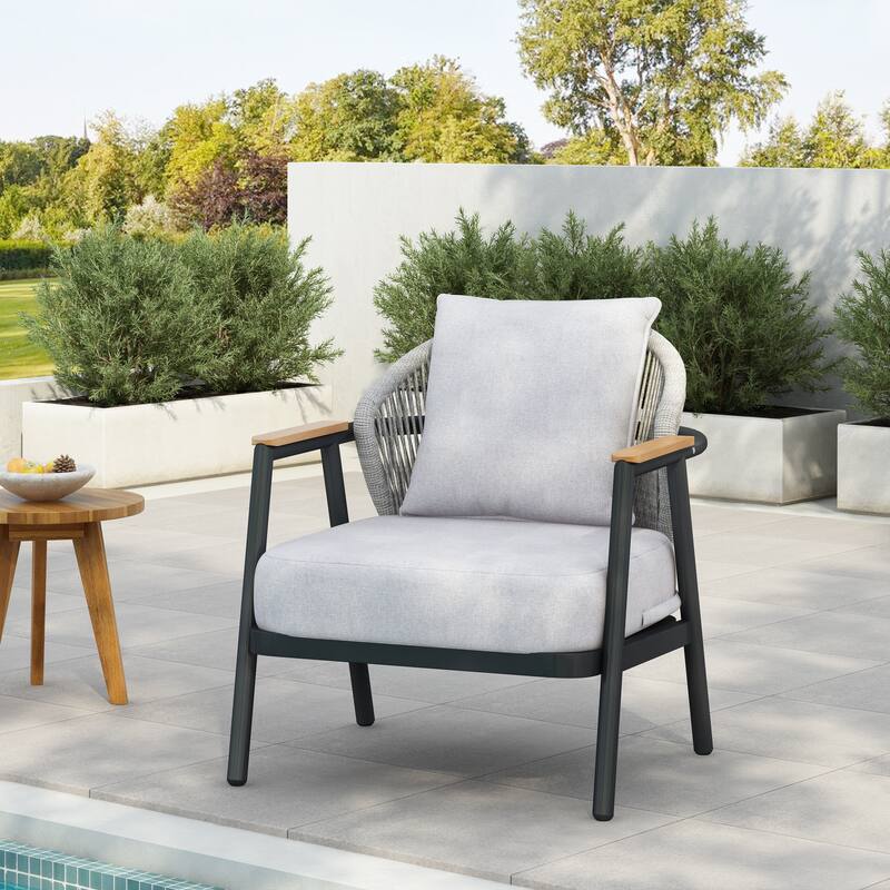 Roomfitters Orla Outdoor Rope Club Chairs with Plastic Wood Armrests and Cushions, Grey Finish