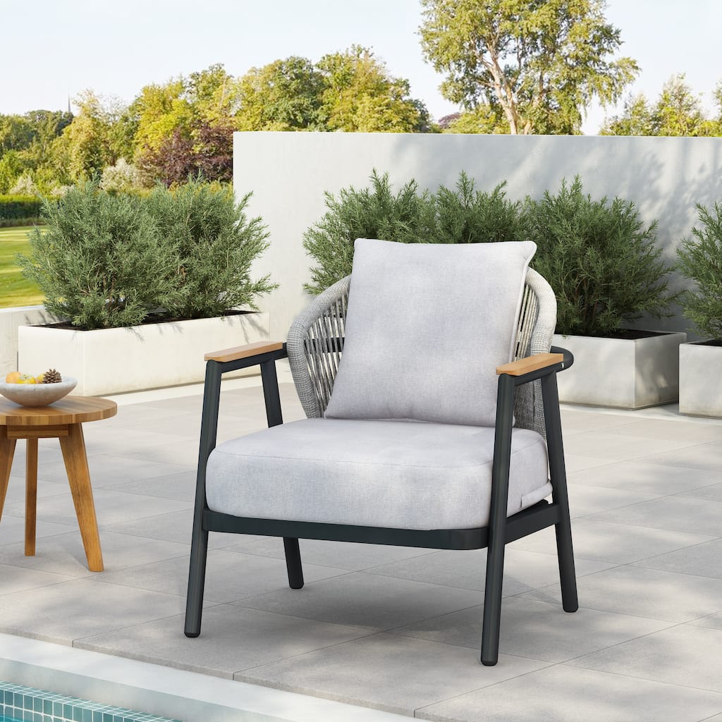 Roomfitters Orla Outdoor Rope Club Chairs with Plastic Wood Armrests and Cushions, Grey Finish
