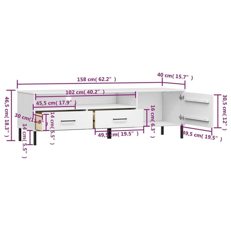 vidaXL TV Stand TV Console TV Console with Metal Legs Solid Wood Pine OSLO - 62.2" x 15.7" x 18.3"