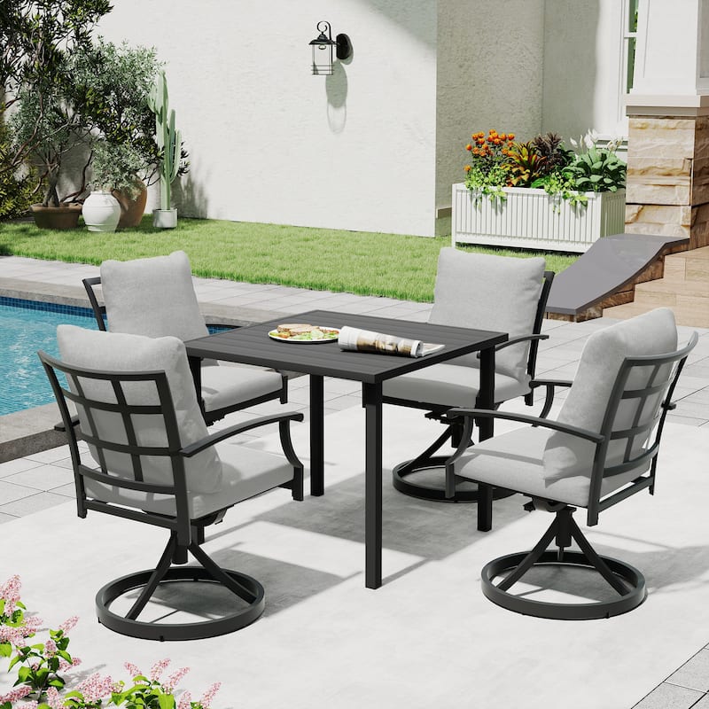 IvyGlow 5-Piece Black Metal Patio Dining Set with Square Table, 4 Swivel Dining Chairs and Gray Cushions - Grey