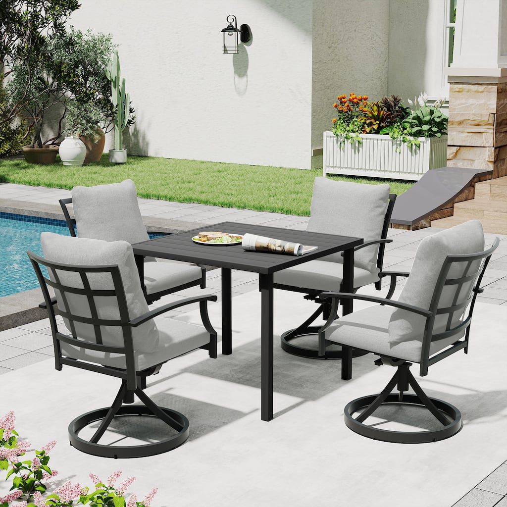 IvyGlow 5-Piece Black Metal Patio Dining Set with Square Table, 4 Swivel Dining Chairs and Gray Cushions