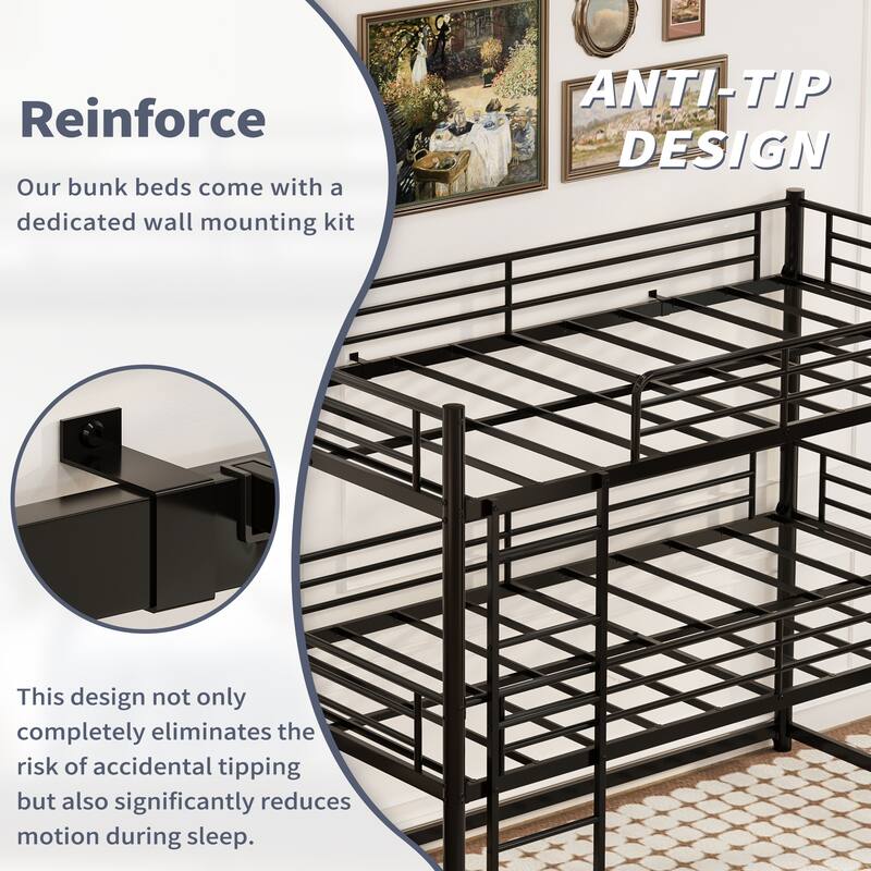 Twin Over Twin Over Twin Metal Triple Bunk Bed with Safety Rails, Non-Slip Ladder, Space Saving Design