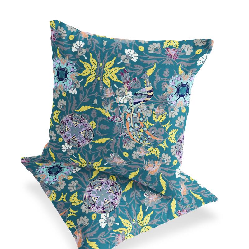 HomeRoots Set of Two 16" X 16" Green and Yellow Peacock Blown Seam Eclectic Indoor Outdoor Throw Pillow