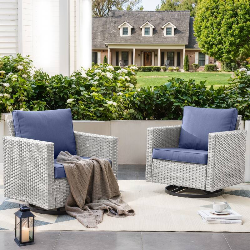 2 Pieces Outdoor Swivel Chairs with Thick Cushions - Light Grey - Blue