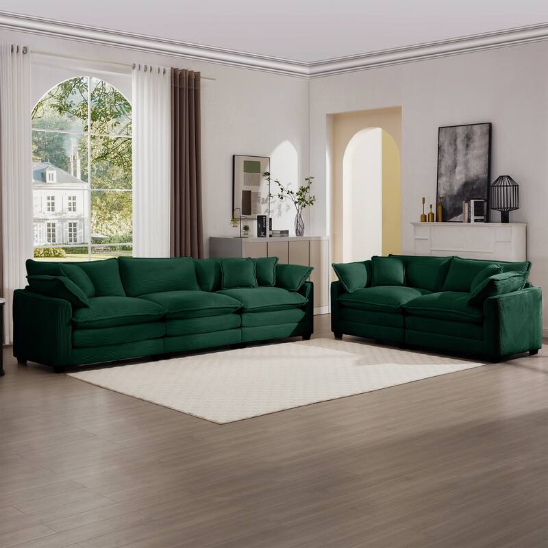 Corduroy Fabric Deep Seat Sofas Set with Throw Pillows, 3+2 Seater Flexible Combinations Sofa with Removable Armrests