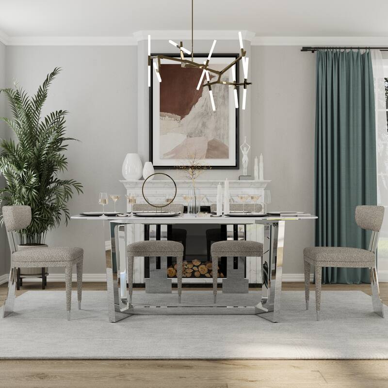 70 inch Dining Table Set with Boucle Dining Chairs - Silver - Table with 4 Chairs
