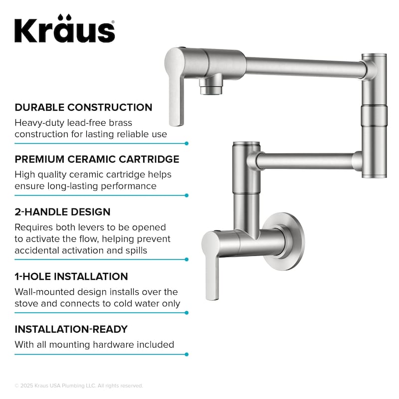 KRAUS Oletto Wall Mount Pot Filler Kitchen Faucet with Retractable Arm