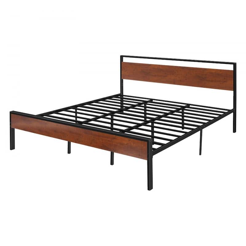 King Size Platform Bed Frame with Steel Frame and Vintage Brown Headboard Under Bed Storage