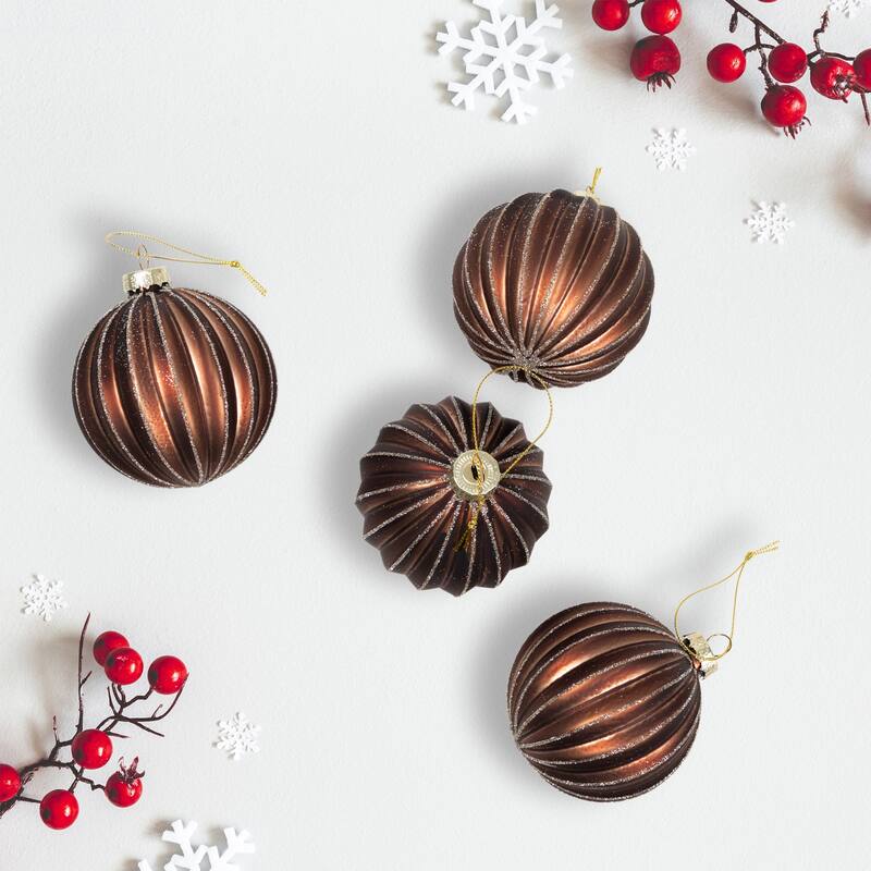 4ct Champagne Chocolate Glittered Ball Christmas Ornaments 3" 80mm