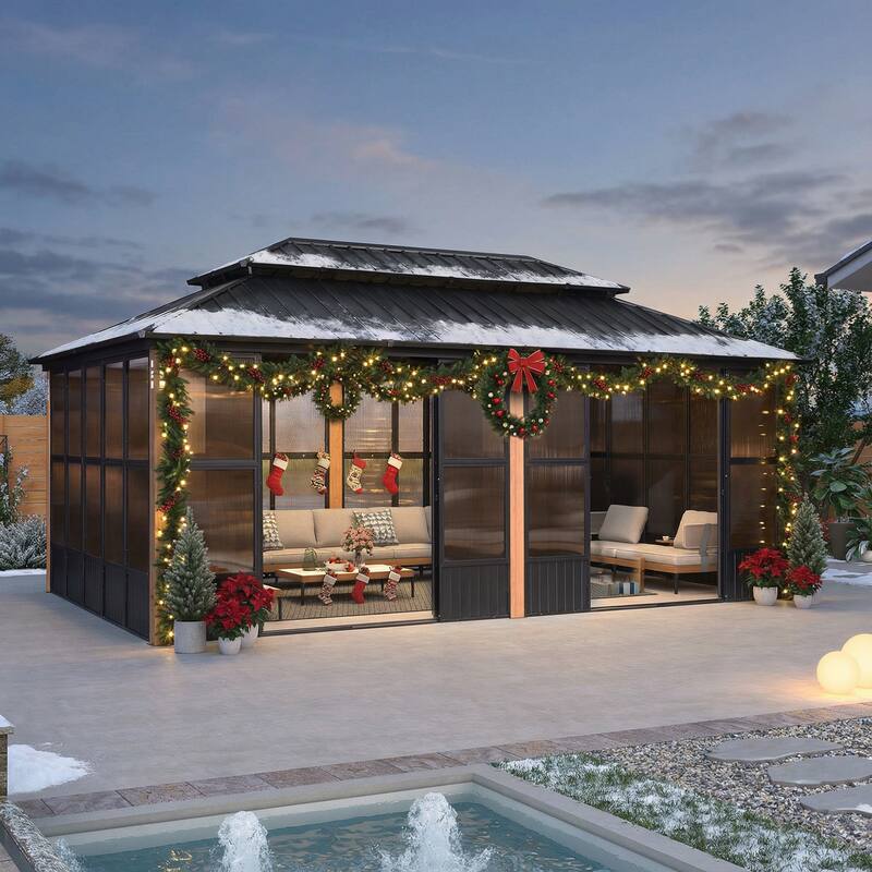 PURPLE LEAF Double Top Outdoor Sunroom Screen House Patio Hardtop Gazebo