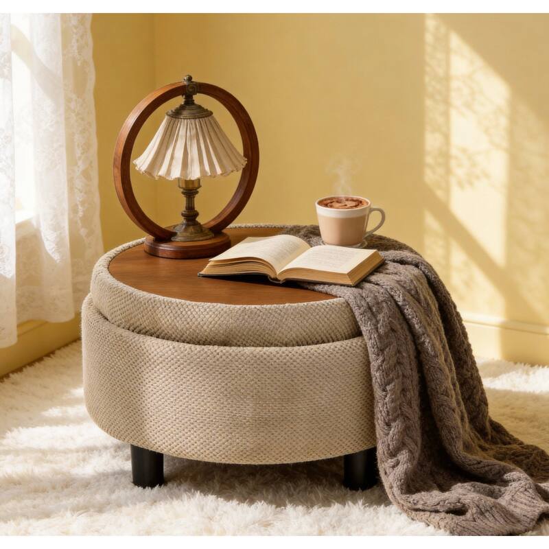 Round Storage Ottoman with Lift-Off Tray and Upholstered Fabric - Camel