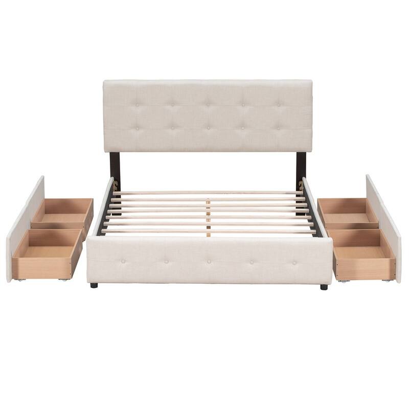 Queen Upholstered Bed Frame with 4 Drawers, Linen Fabric Platform Storage Bed with Classic Headboard and Wooden Slats Support