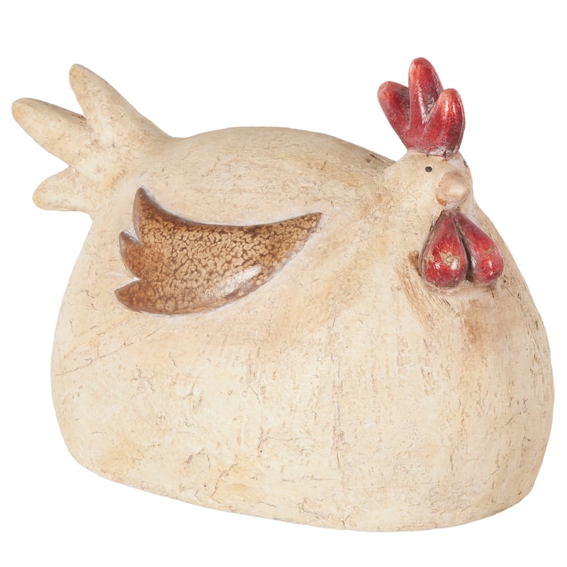 Cream Magnesium Oxide Sitting Rooster Decorative Garden Sculpture with Brown and Red Accents