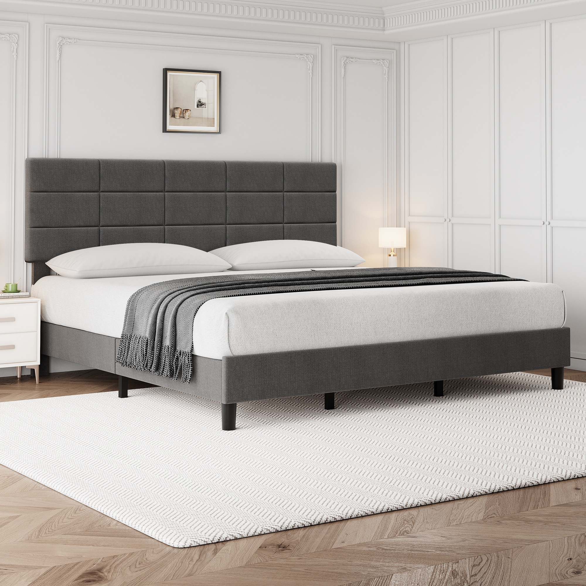 Bed Frame with Adjustable Headboard, Linen Upholstered